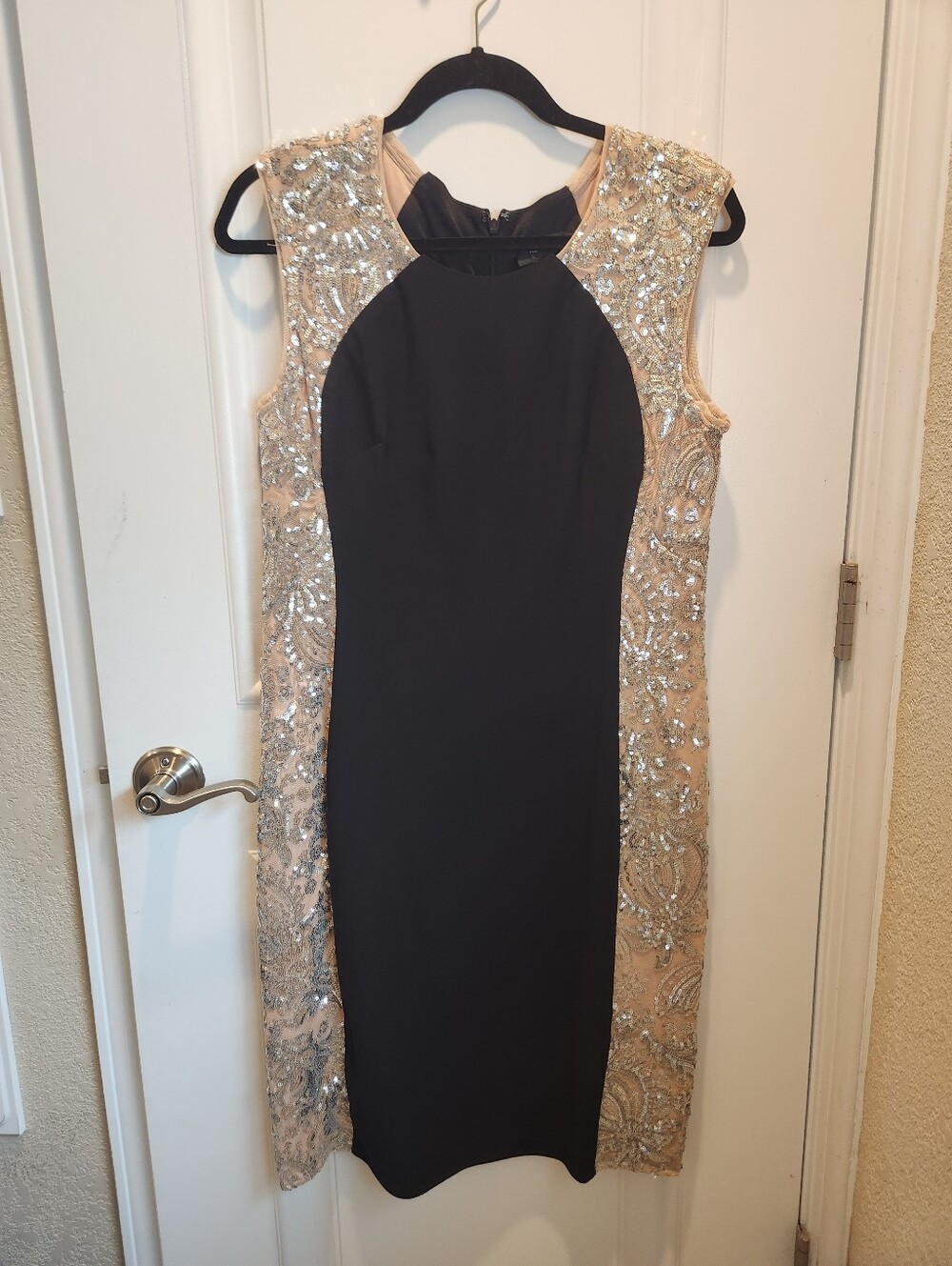 Black and Champagne Sequin Sheath Dress